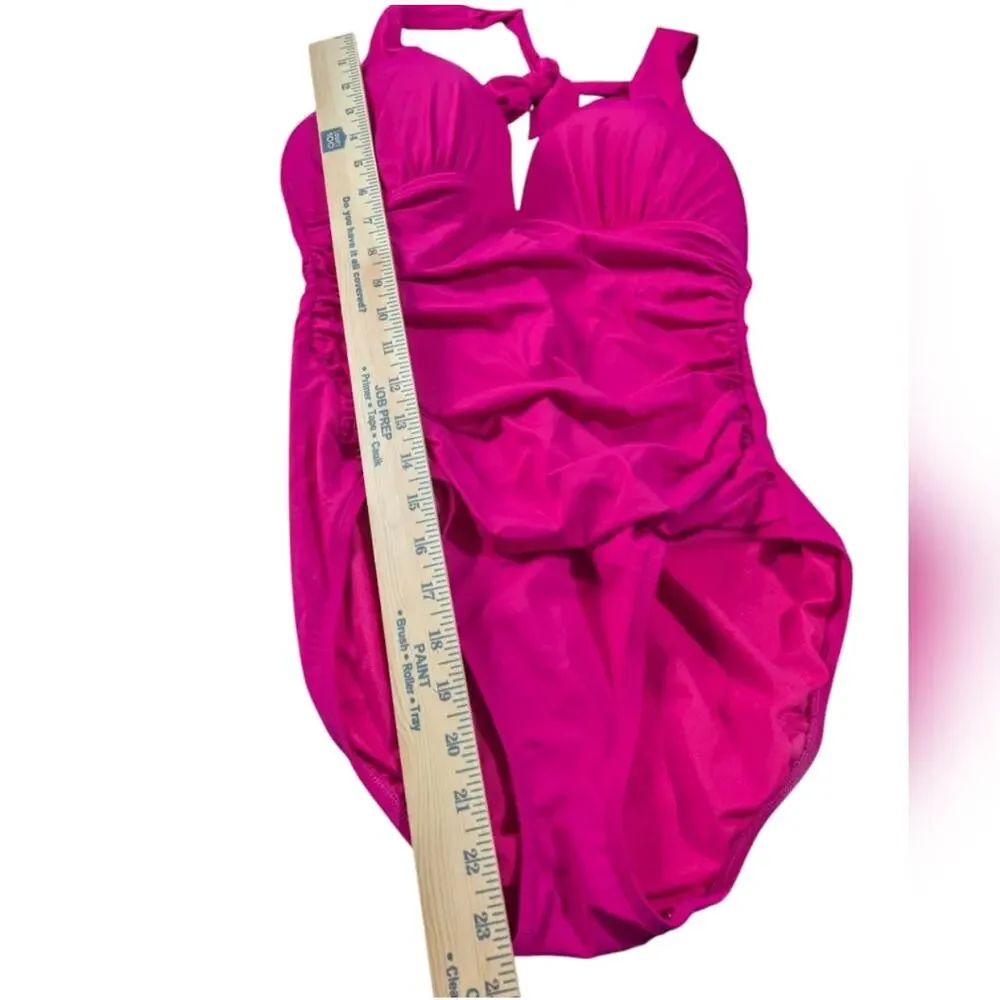 Lauren Ralph Women's One Piece Swimsuit Pink Beach Club Halter Tummy Control